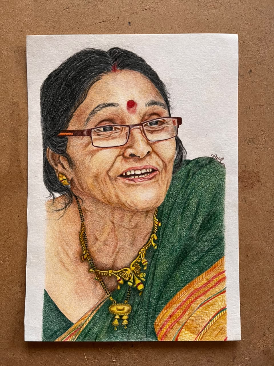 Traditional Attire Coloured-Pencil Portrait — original coloured pencil & mixed highlights by artist Vedangi Trivedi on Vedart (View angle 2)