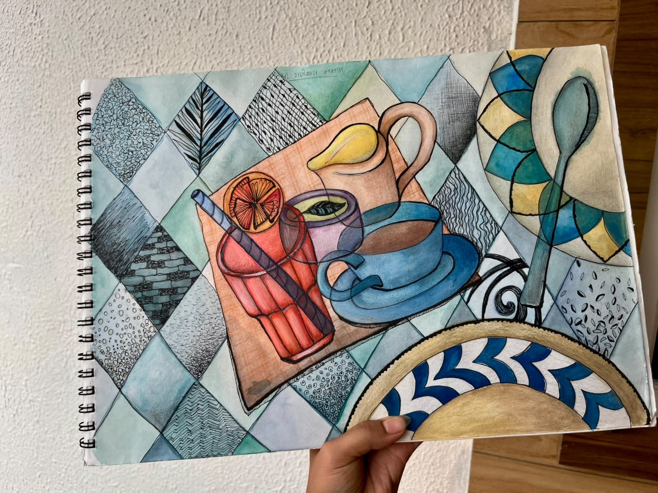 Café Scene Observational Drawing — original colours, linework & geometric patterns on paper by artist Vedangi Trivedi on Vedart