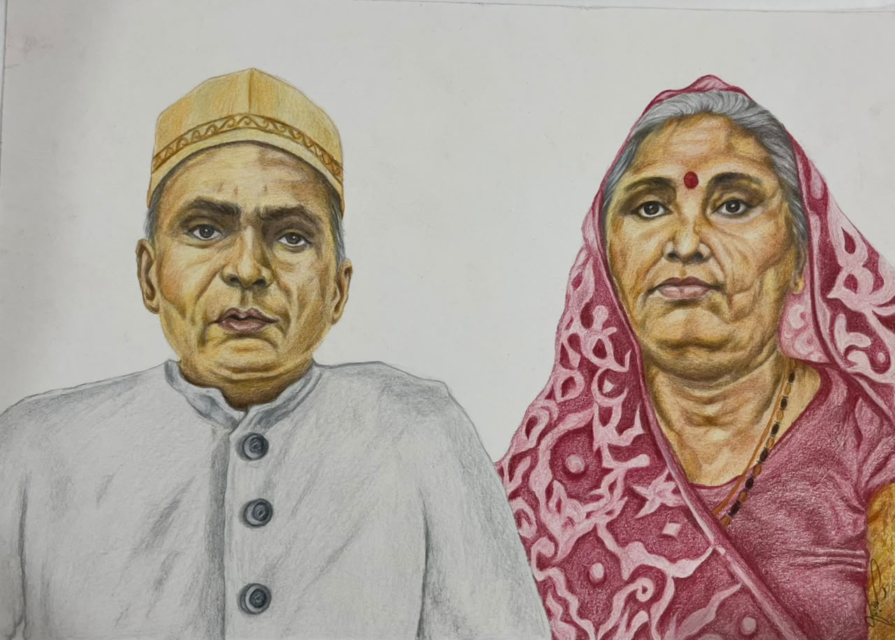 Traditional Attire Couple Portrait Drawing — original coloured pencil with soft shading by artist Vedangi Trivedi on Vedart (View angle 2)