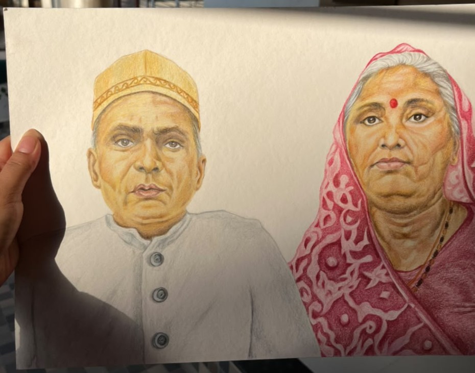 Traditional Attire Couple Portrait Drawing — original coloured pencil with soft shading by artist Vedangi Trivedi on Vedart (View angle 1)