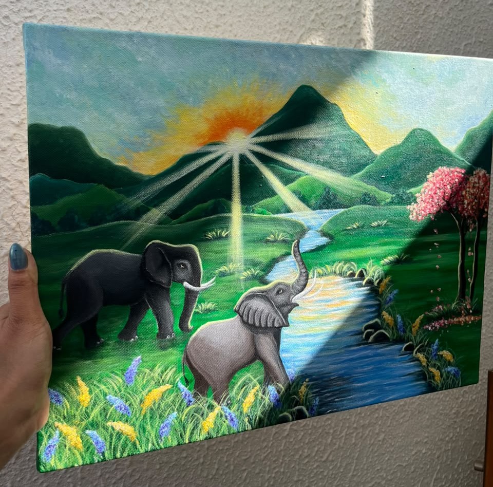Vastu Elephants & Glowing Sunrise Acrylic Landscape — original acrylic on canvas by artist Vedangi Trivedi on Vedart (View angle 1)