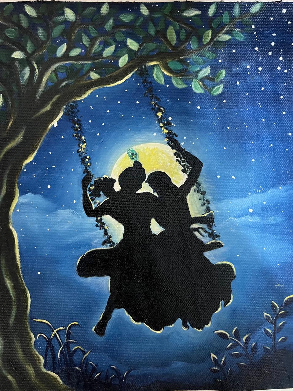 Radha and Krishna Moonlit Swing Painting — original fine art acrylic on stretched canvas by artist Vedangi Trivedi on Vedart