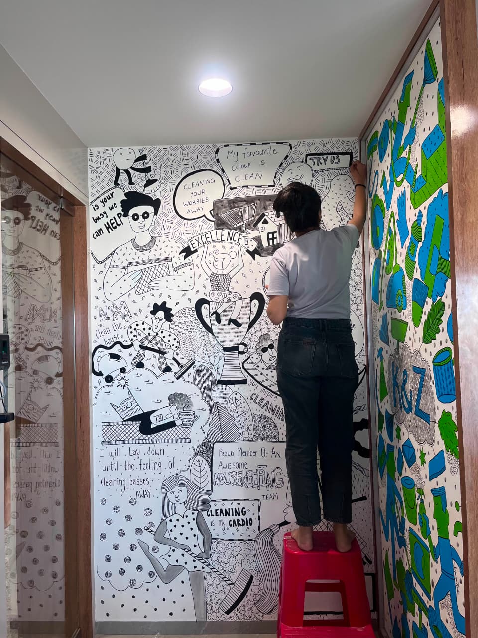 Black & White Office Humor Doodle Wall Mural — architectural wall art mural by Vedangi Trivedi on Vedart (Perspective 2)