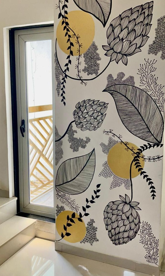 Delicate Golden Botanical Line-Art Mural — architectural wall art mural by Vedangi Trivedi on Vedart