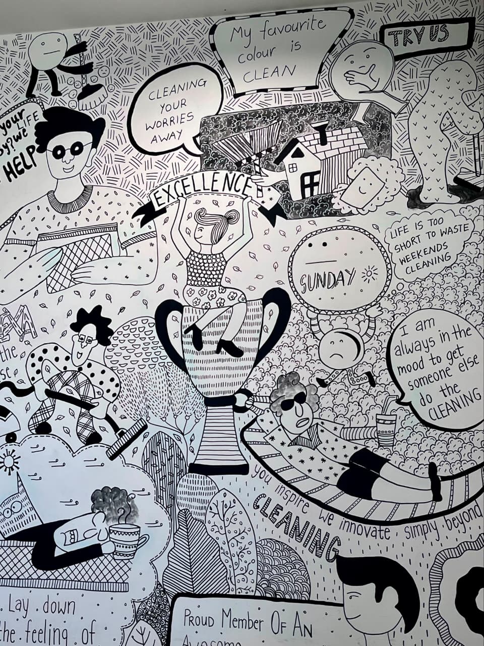Black & White Office Humor Doodle Wall Mural — architectural wall art mural by Vedangi Trivedi on Vedart (Perspective 1)